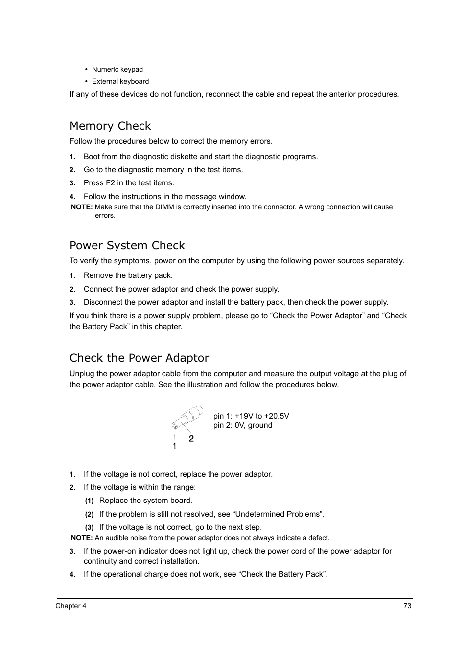 Power system check, Check the power adaptor | Acer 5210 User Manual | Page 82 / 113