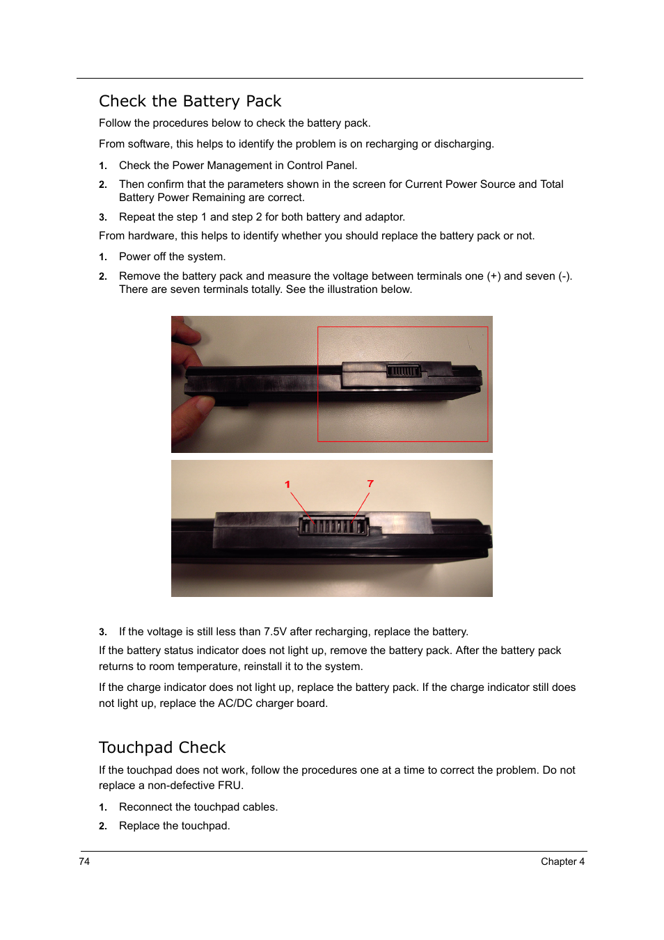 Check the battery pack, Touchpad check | Acer 5210 User Manual | Page 83 / 113