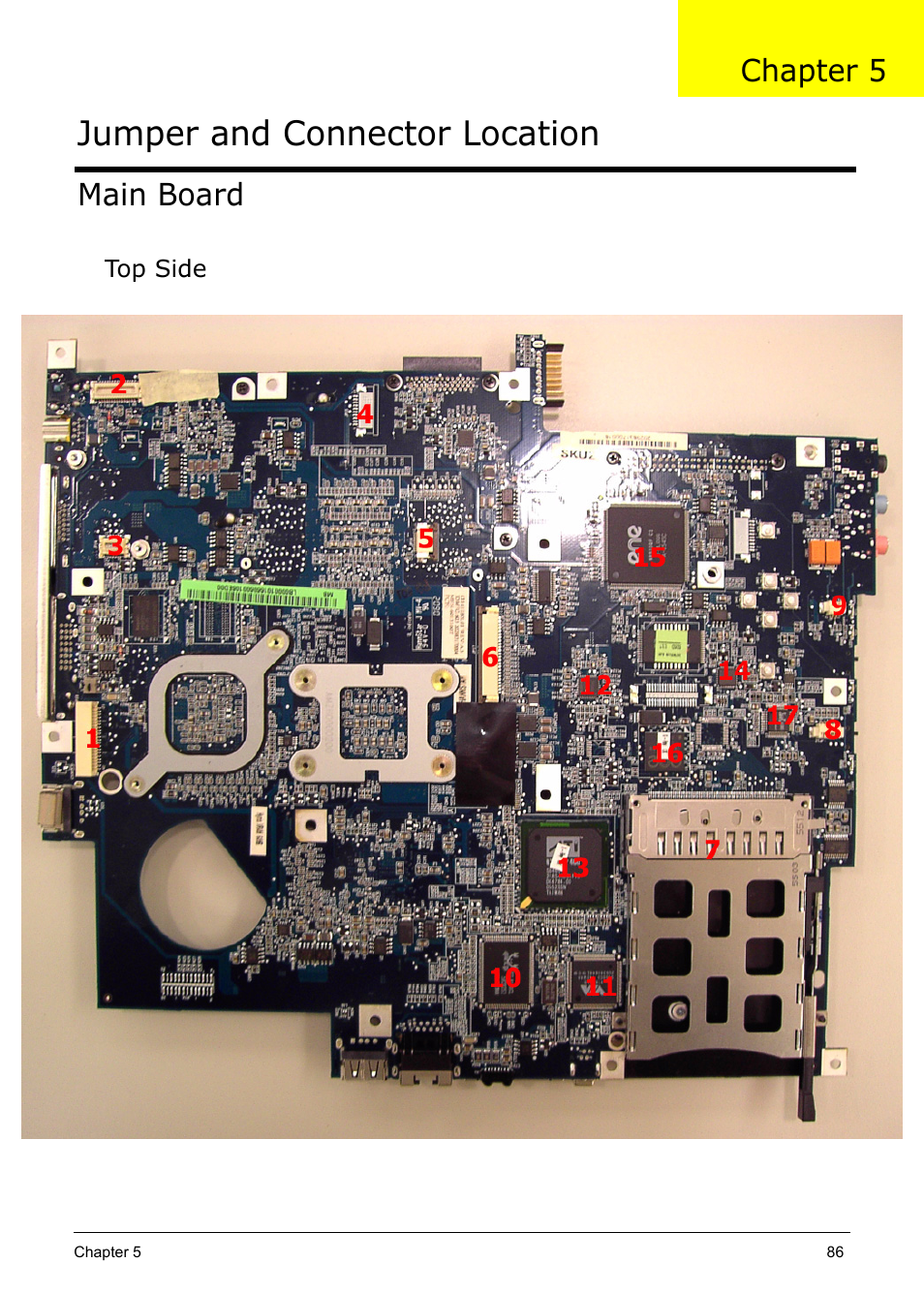 Main board, Top side, Jumper and connector location | Chapter 5 | Acer 5210 User Manual | Page 95 / 113