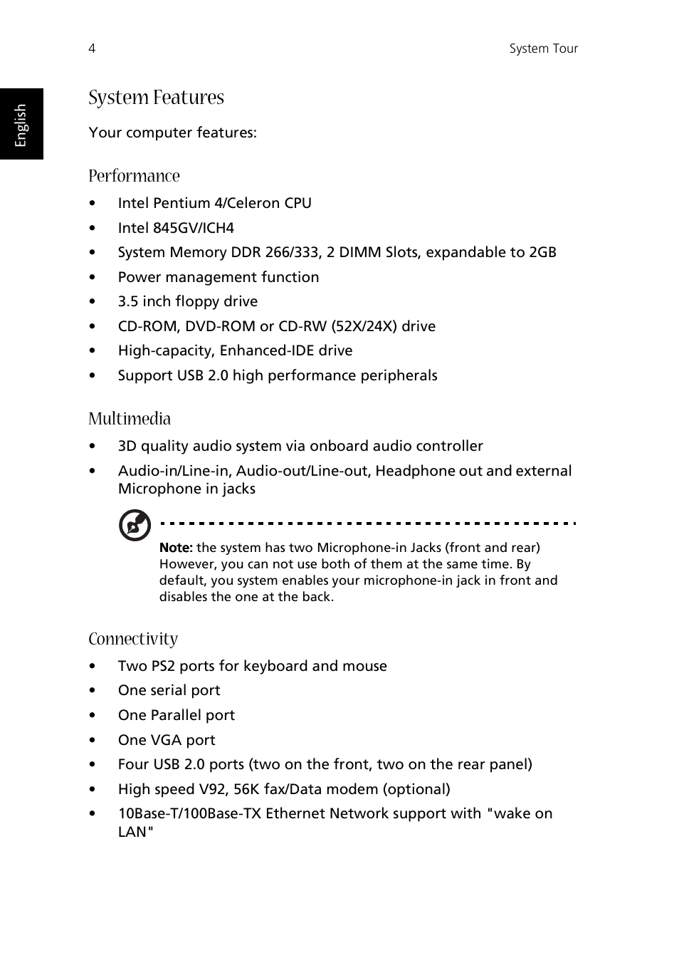 System features, Performance, Multimedia | Connectivity | Acer Aspire T100 User Manual | Page 10 / 30