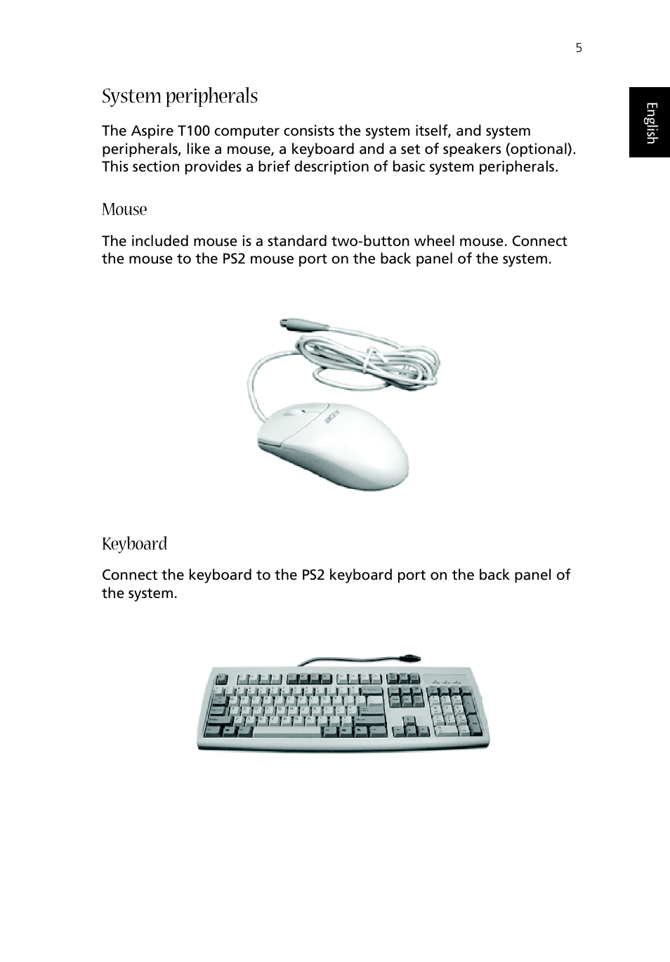 System peripherals, Mouse, Keyboard | Acer Aspire T100 User Manual | Page 11 / 30