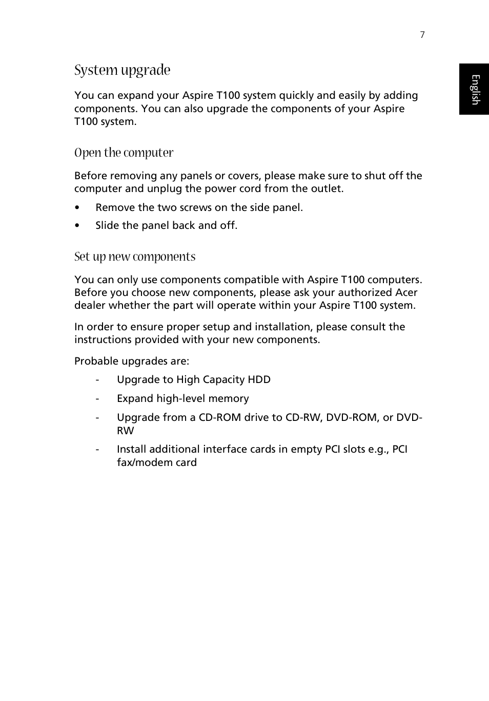 System upgrade, Open the computer, Set up new components | Acer Aspire T100 User Manual | Page 13 / 30