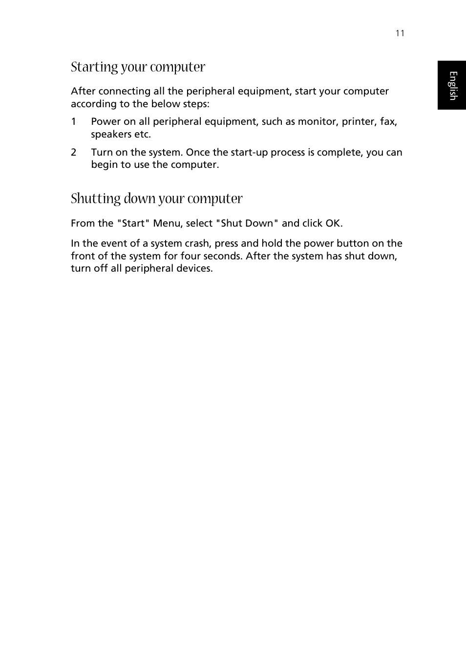 Starting your computer, Shutting down your computer | Acer Aspire T100 User Manual | Page 17 / 30