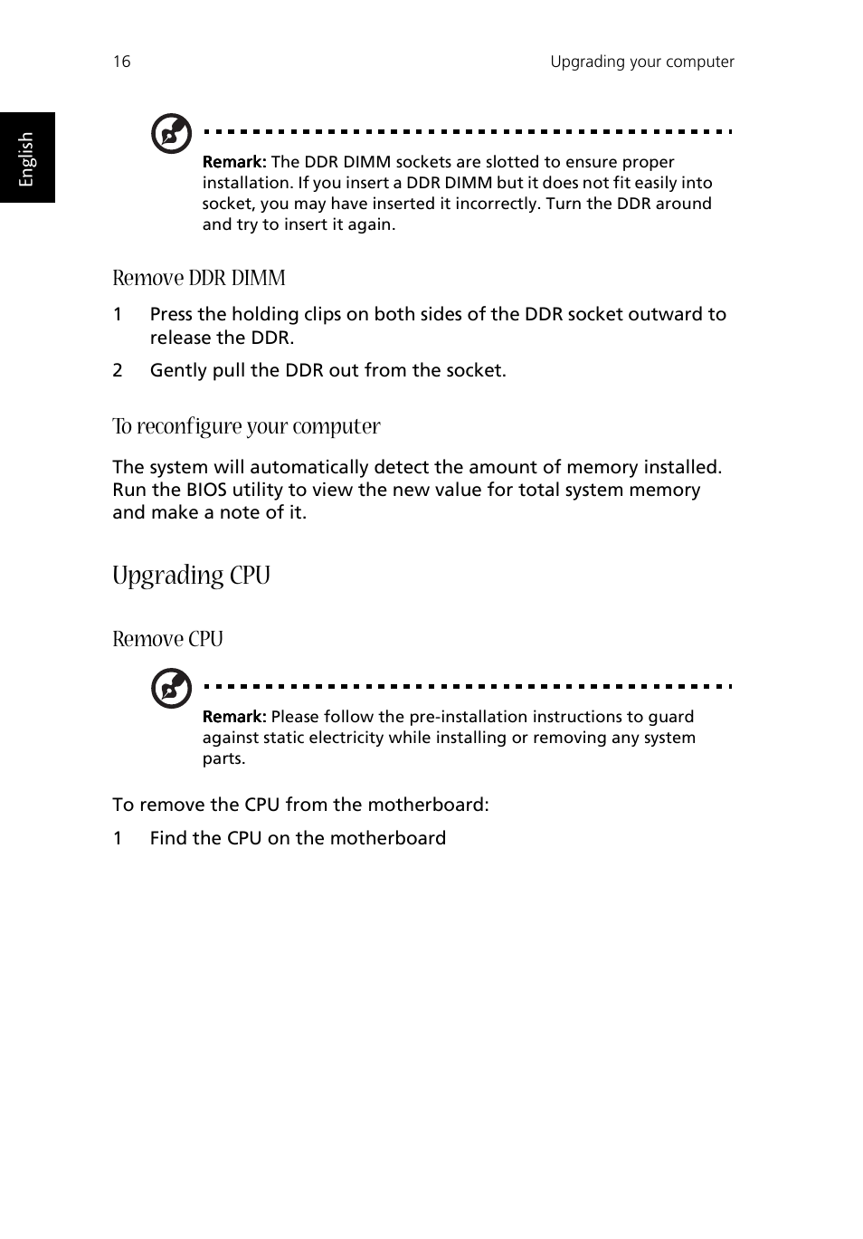 Upgrading cpu, Remove ddr dimm, Remove cpu | Acer Aspire T100 User Manual | Page 22 / 30