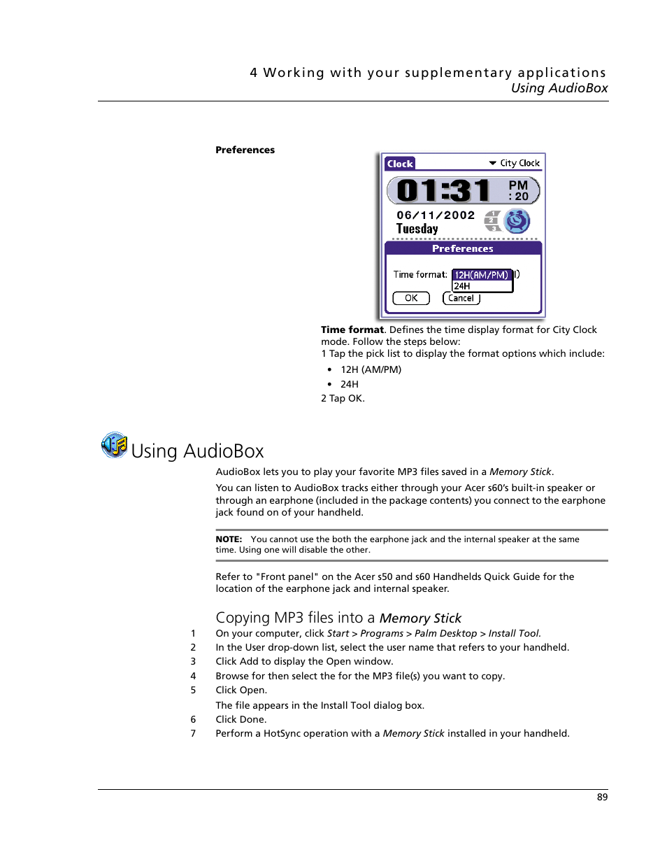 Using audiobox, Copying mp3 files into a memory stick, Copying mp3 files into a | Acer s60 User Manual | Page 101 / 296