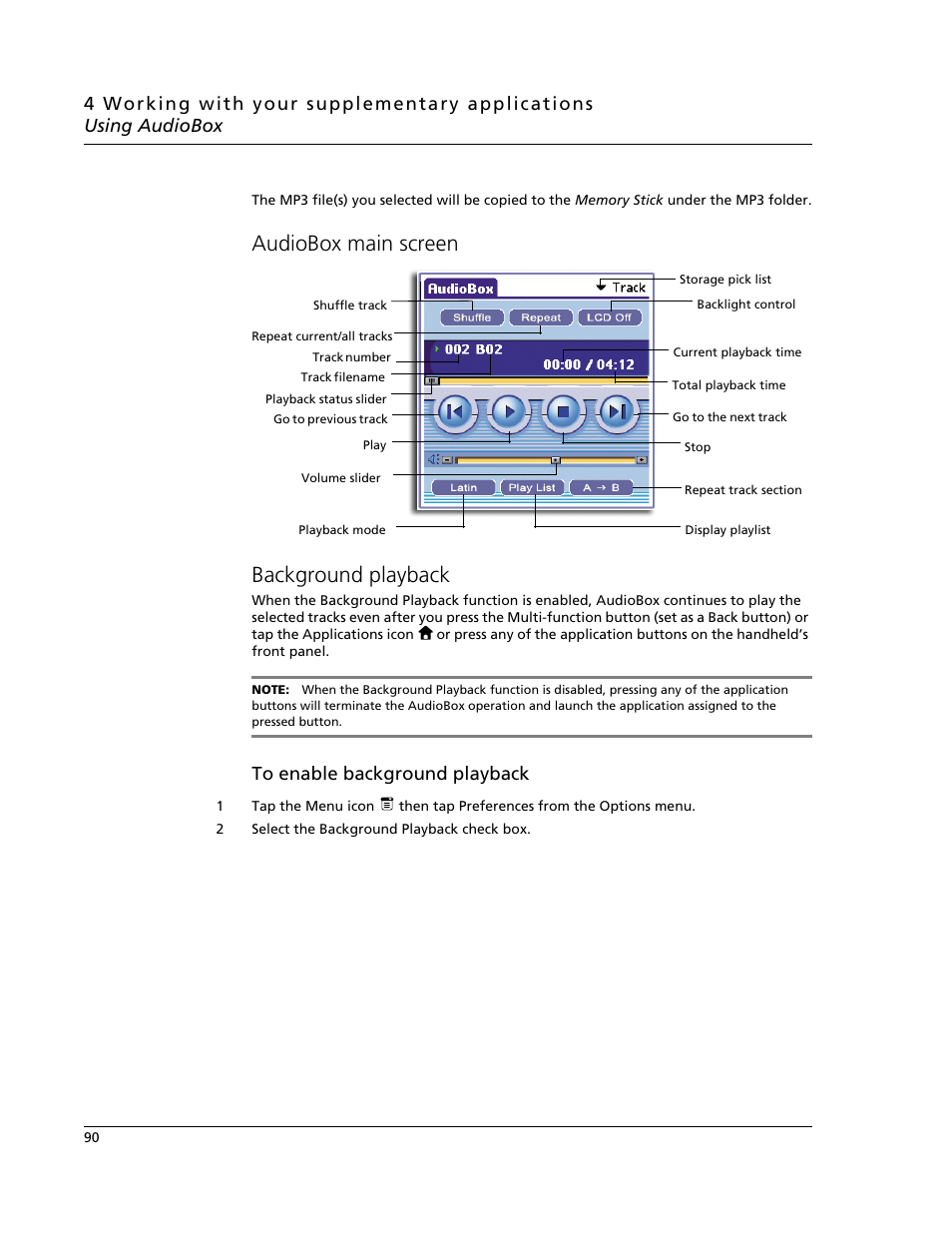 Audiobox main screen, Background playback, Audiobox main screen background playback | Acer s60 User Manual | Page 102 / 296