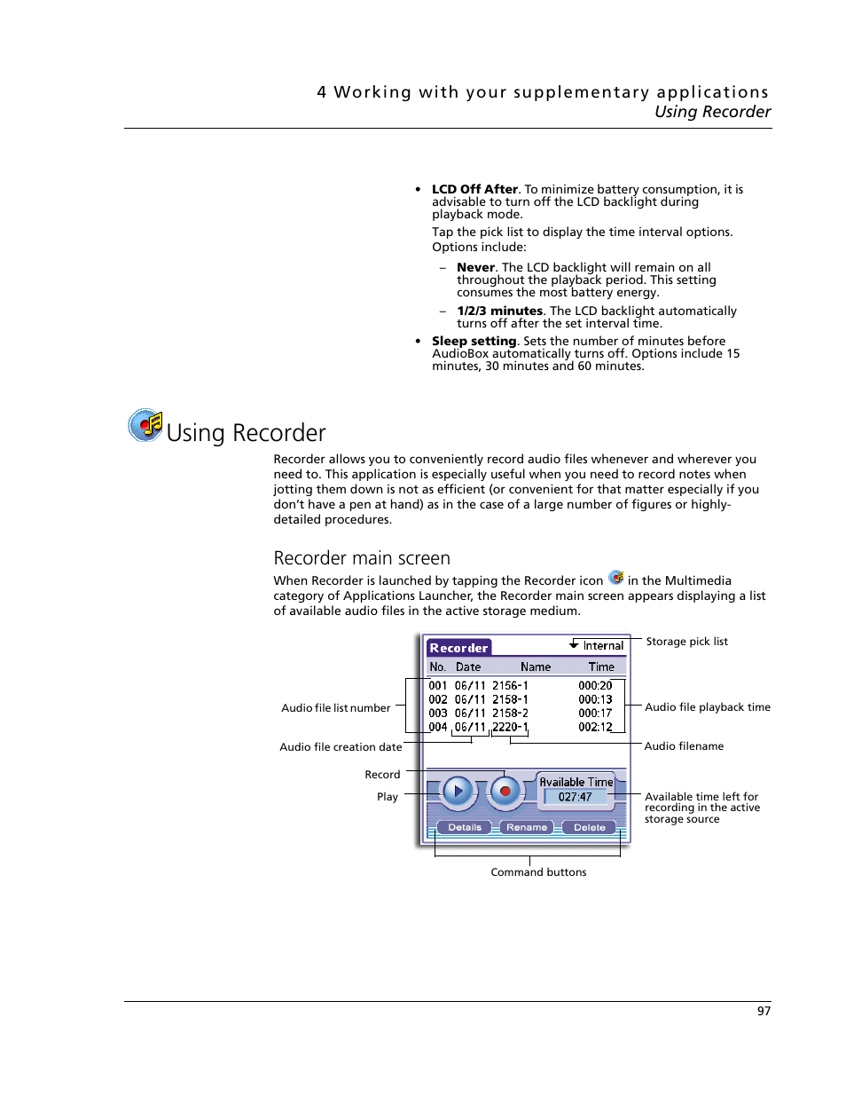 Using recorder, Recorder main screen | Acer s60 User Manual | Page 109 / 296