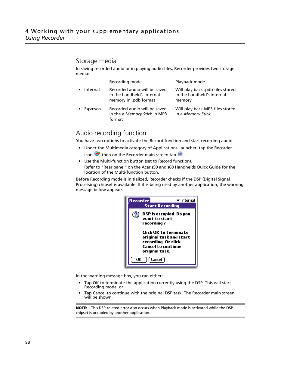 Storage media, Audio recording function, Storage media audio recording function | Acer s60 User Manual | Page 110 / 296