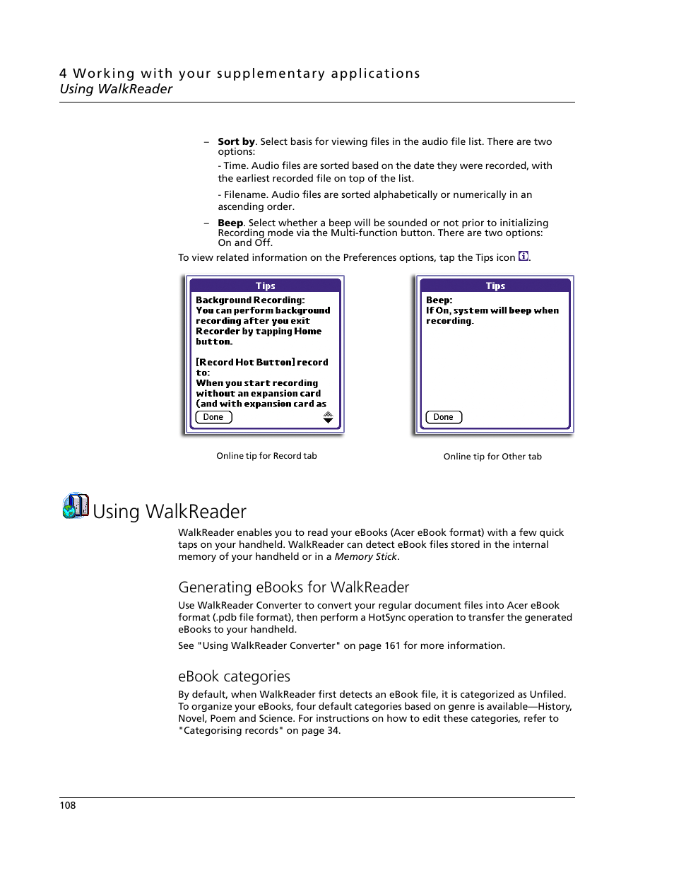 Using walkreader, Generating ebooks for walkreader, Ebook categories | Generating ebooks for walkreader ebook categories | Acer s60 User Manual | Page 120 / 296