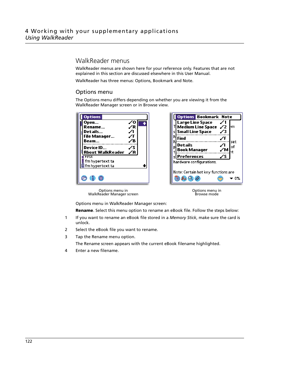 Walkreader menus, Options menu | Acer s60 User Manual | Page 134 / 296