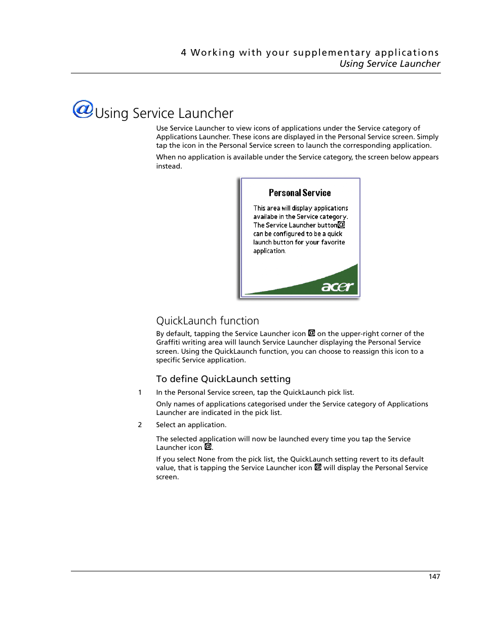 Using service launcher, Quicklaunch function | Acer s60 User Manual | Page 159 / 296