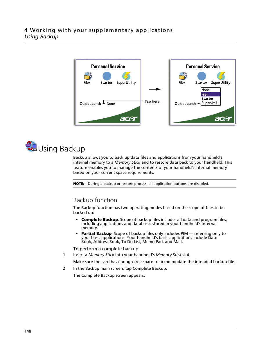 Using backup, Backup function | Acer s60 User Manual | Page 160 / 296