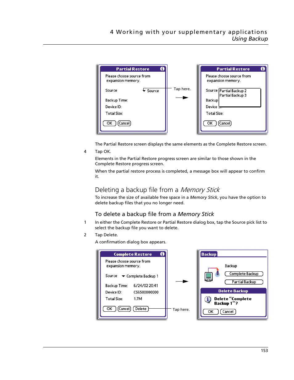 Deleting a backup file from a memory stick, Deleting a backup file from a | Acer s60 User Manual | Page 165 / 296