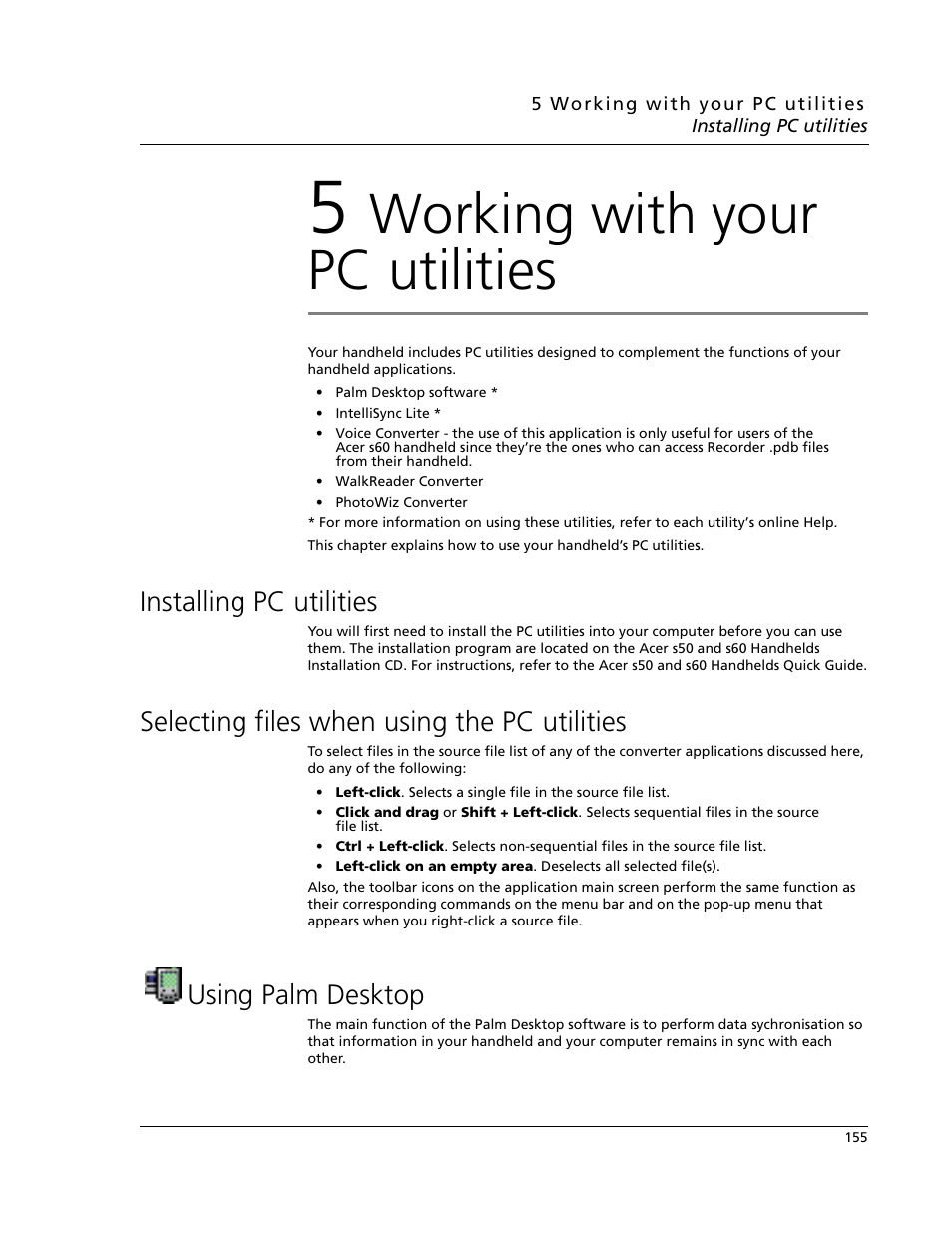 5 working with your pc utilities, Installing pc utilities, Selecting files when using the pc utilities | Using palm desktop, Working with your pc utilities | Acer s60 User Manual | Page 167 / 296