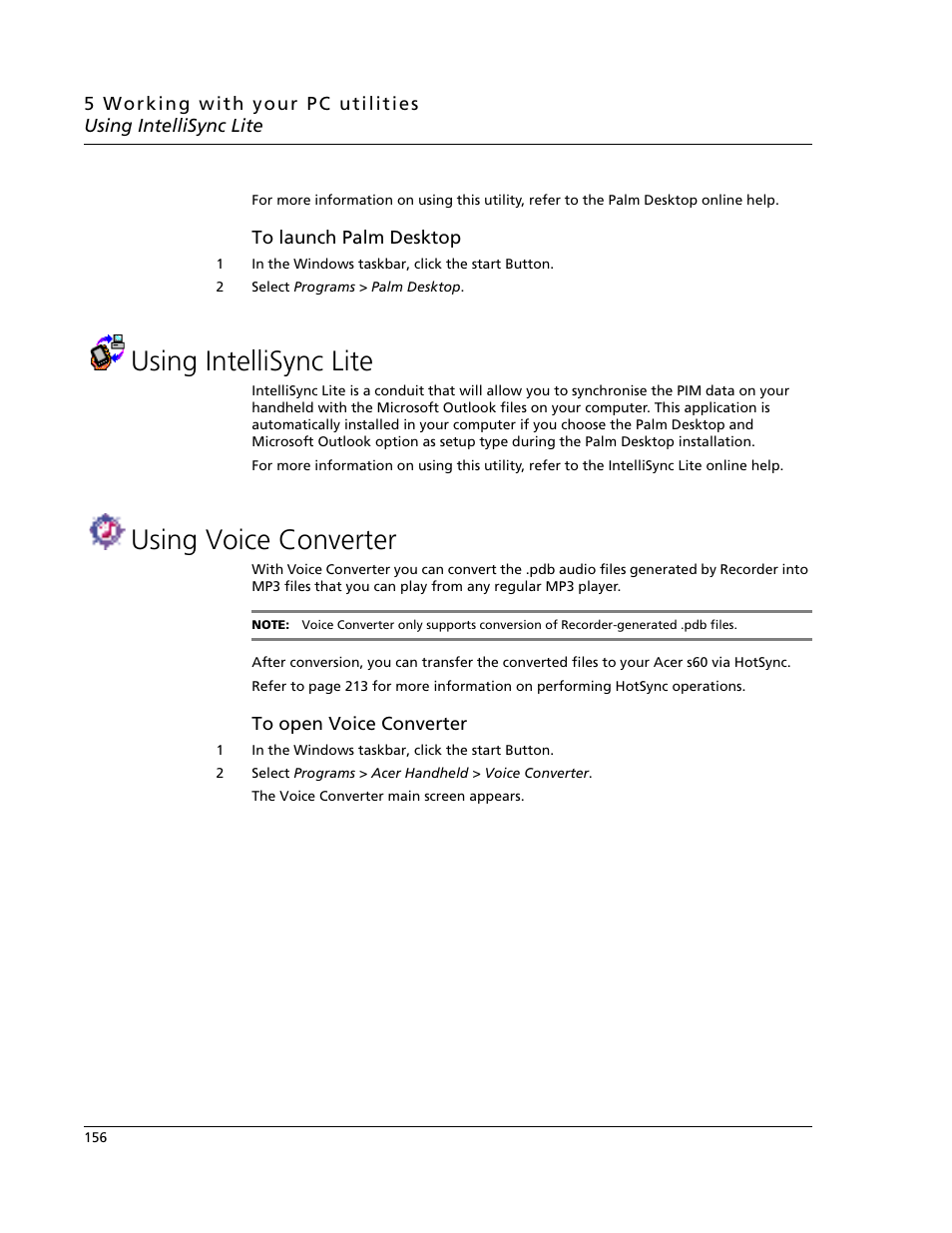 Using intellisync lite, Using voice converter, Using intellisync lite using voice converter | Acer s60 User Manual | Page 168 / 296
