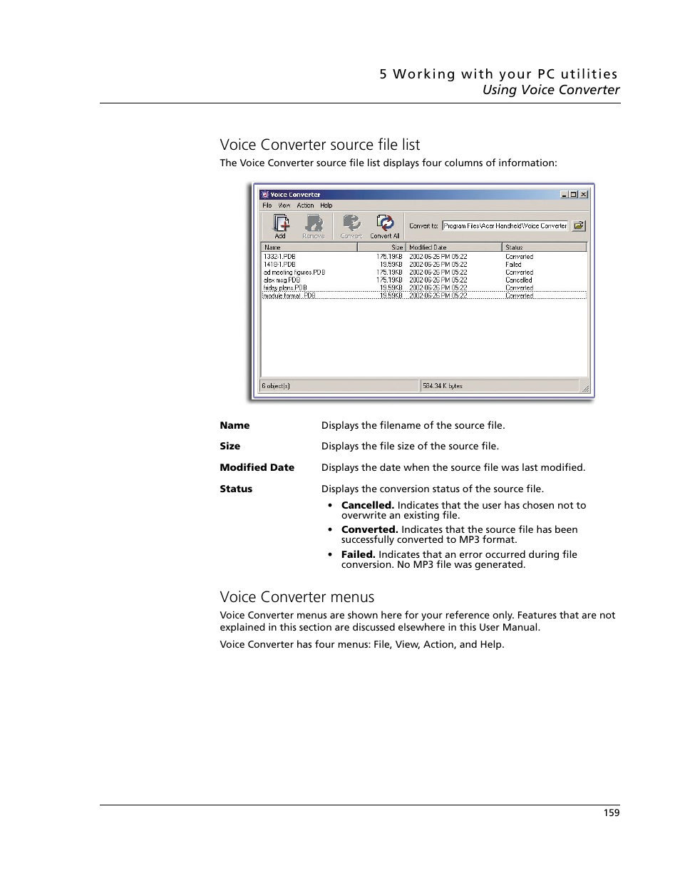 Voice converter source file list, Voice converter menus | Acer s60 User Manual | Page 171 / 296