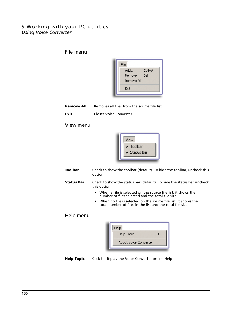 File menu view menu, Help menu | Acer s60 User Manual | Page 172 / 296