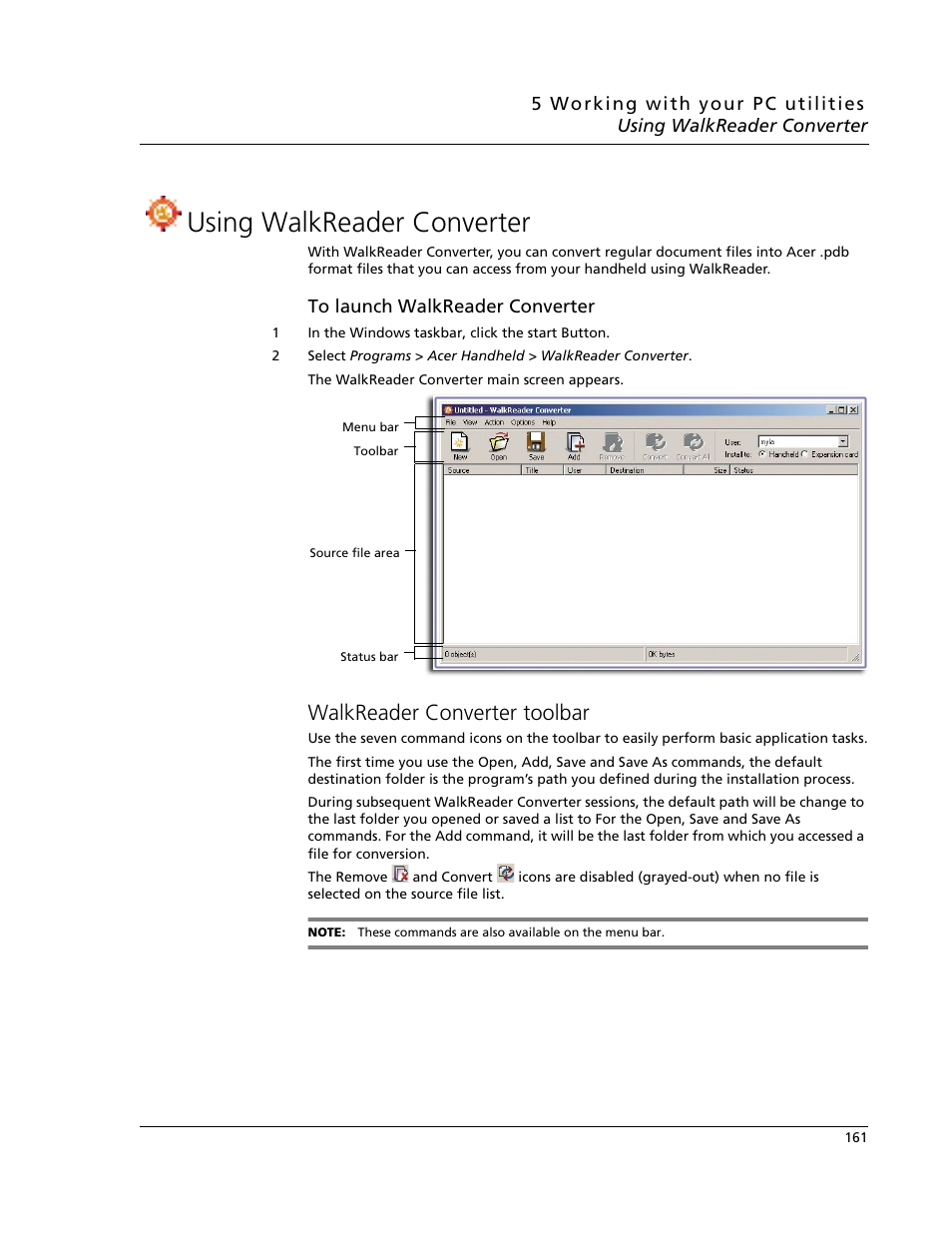 Using walkreader converter, Walkreader converter toolbar | Acer s60 User Manual | Page 173 / 296