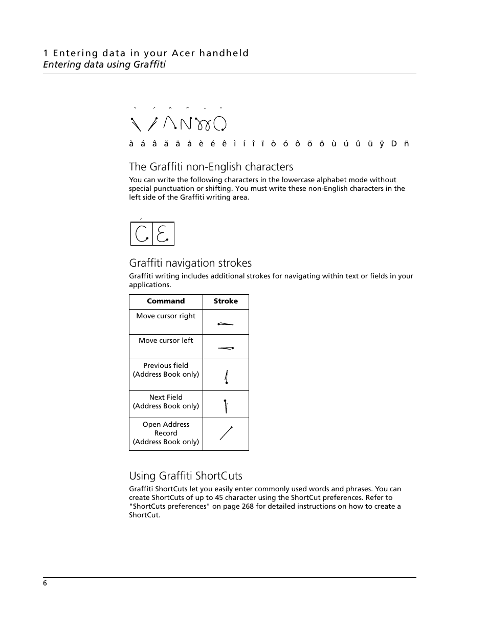 The graffiti non-english characters, Graffiti navigation strokes, Using graffiti shortcuts | Acer s60 User Manual | Page 18 / 296