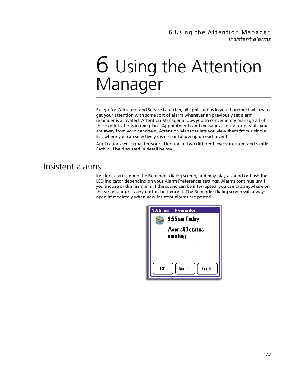 6 using the attention manager, Insistent alarms, Using the attention manager | Acer s60 User Manual | Page 185 / 296