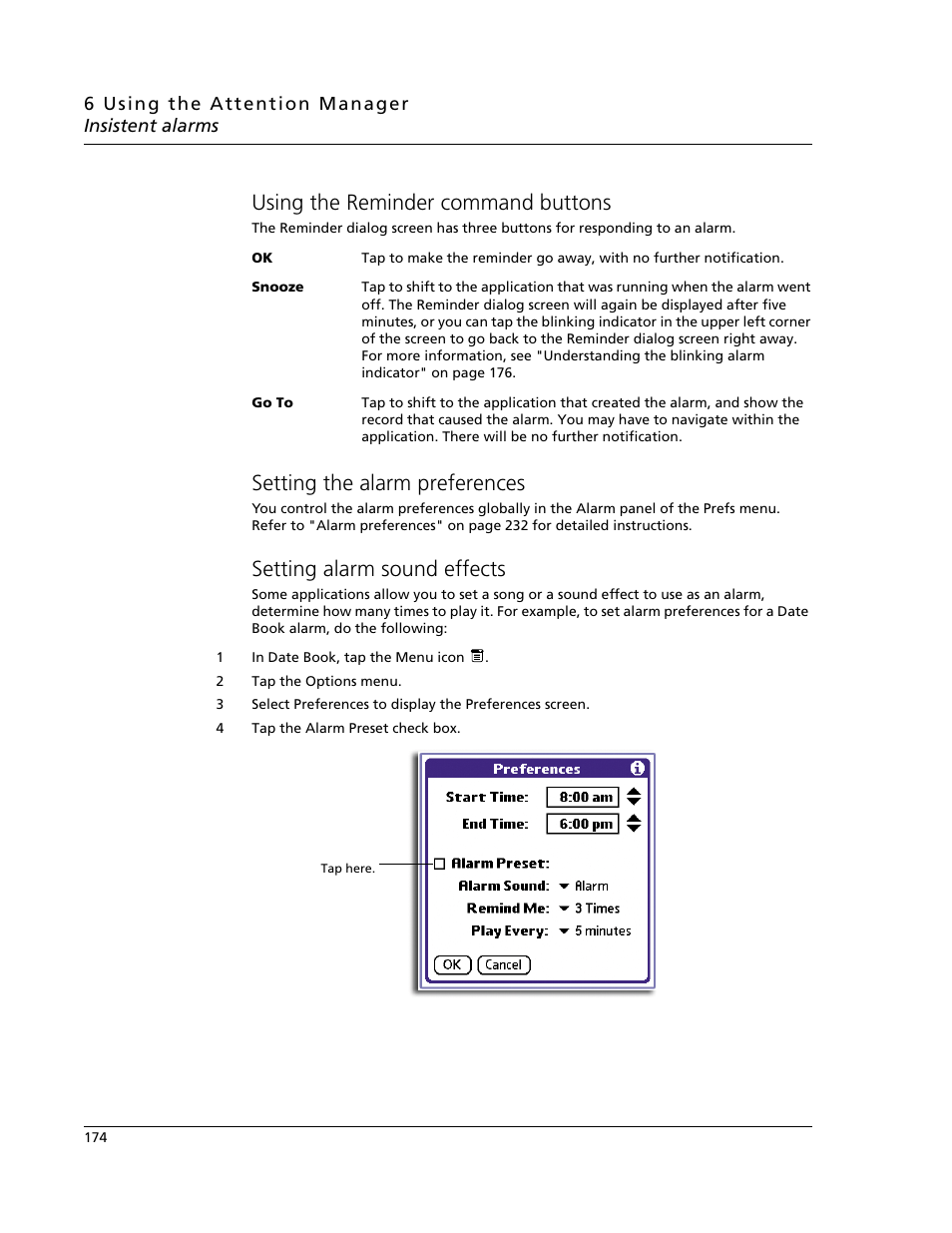 Using the reminder command buttons, Setting the alarm preferences, Setting alarm sound effects | Acer s60 User Manual | Page 186 / 296