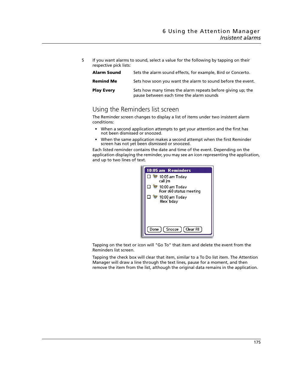 Using the reminders list screen | Acer s60 User Manual | Page 187 / 296