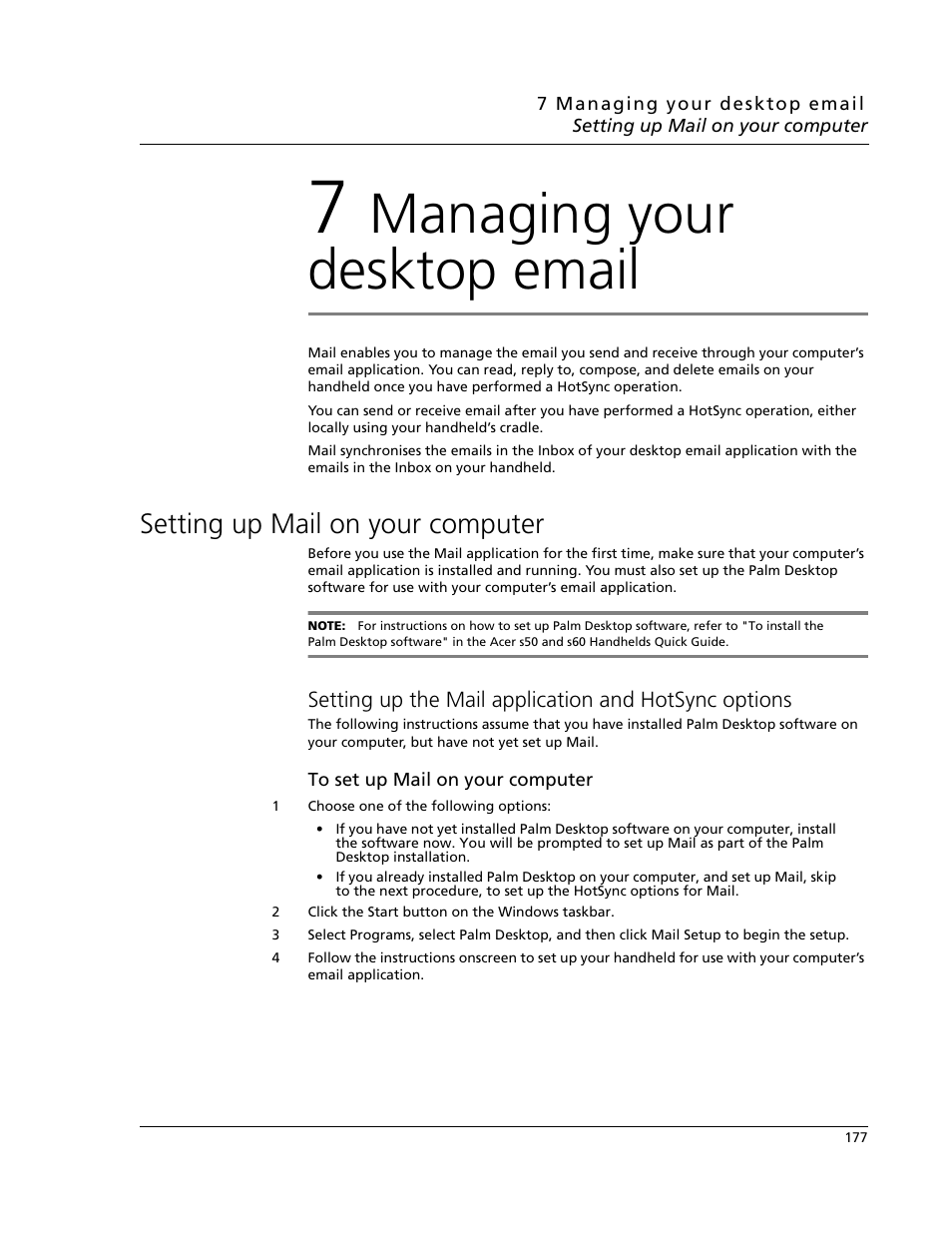 7 managing your desktop email, Setting up mail on your computer, Managing your desktop email | Acer s60 User Manual | Page 189 / 296