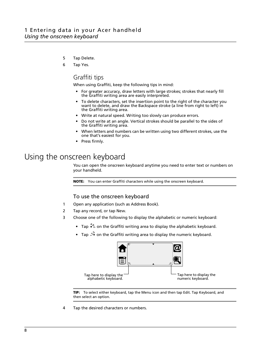 Graffiti tips, Using the onscreen keyboard | Acer s60 User Manual | Page 20 / 296