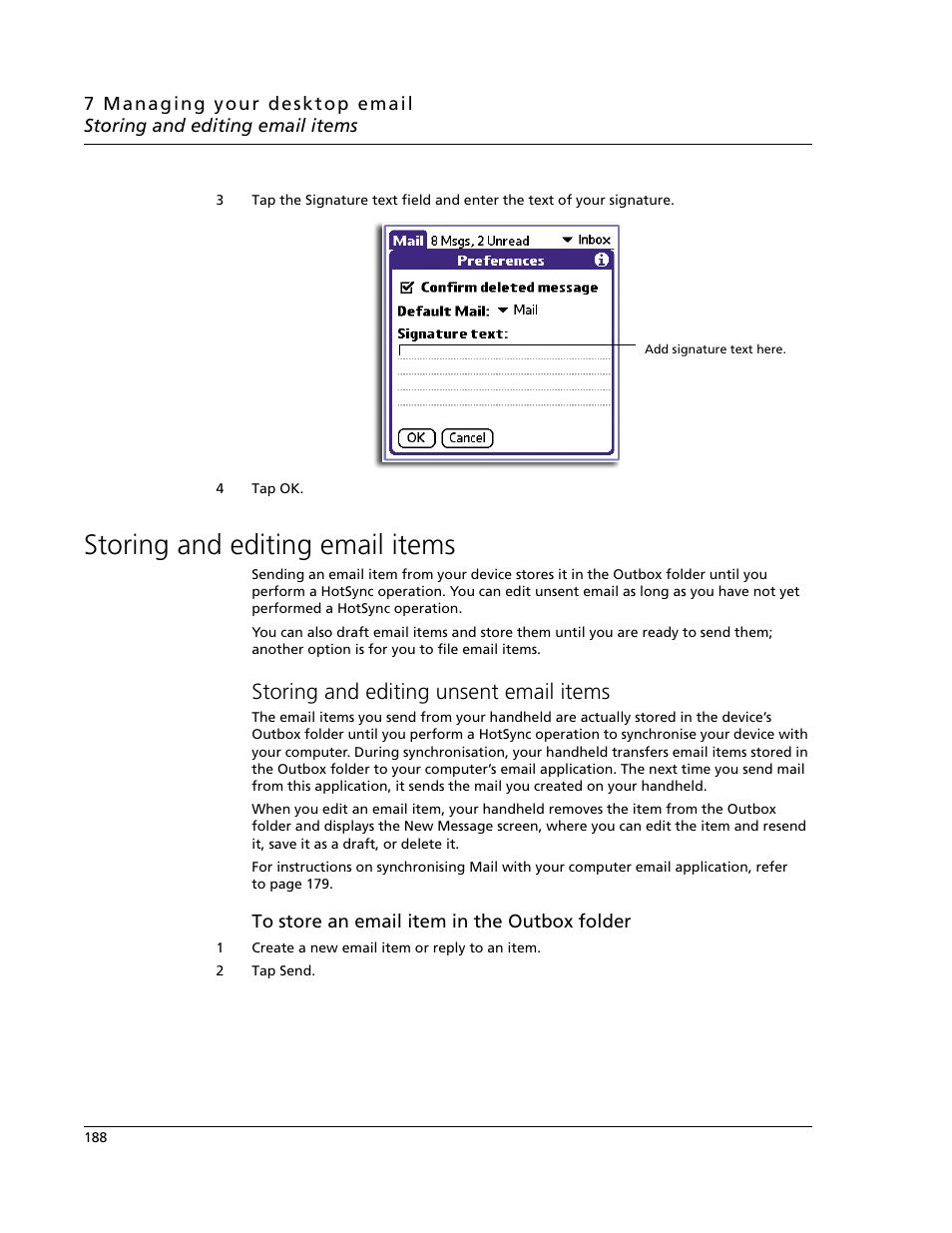 Storing and editing email items, Storing and editing unsent email items | Acer s60 User Manual | Page 200 / 296