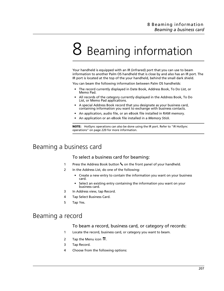 8 beaming information, Beaming a business card, Beaming a record | Beaming a business card beaming a record, Beaming information | Acer s60 User Manual | Page 219 / 296
