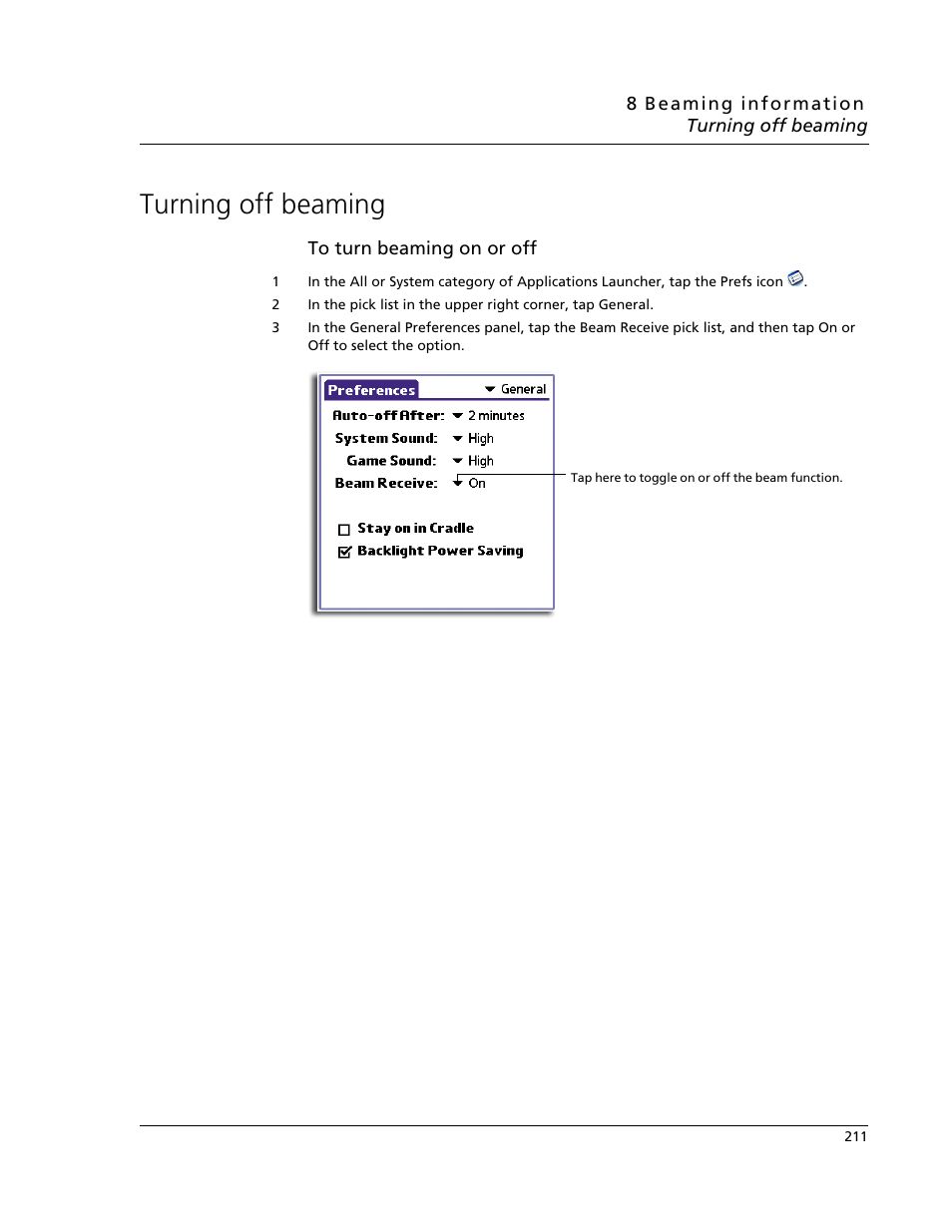 Turning off beaming | Acer s60 User Manual | Page 223 / 296