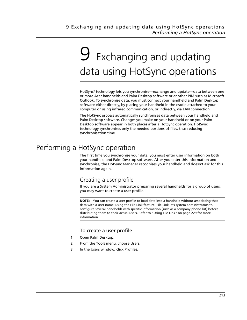 Performing a hotsync operation, Creating a user profile | Acer s60 User Manual | Page 225 / 296