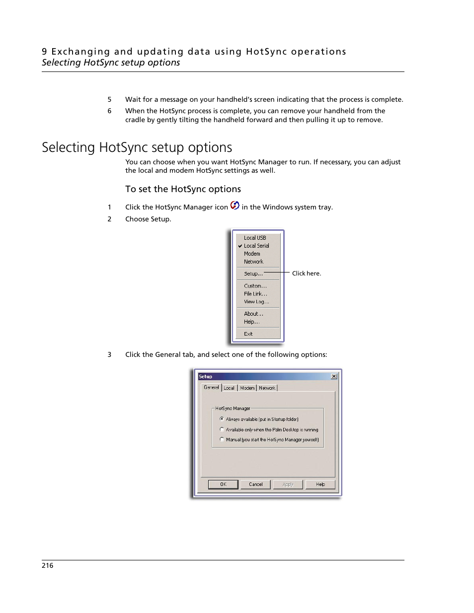 Selecting hotsync setup options | Acer s60 User Manual | Page 228 / 296