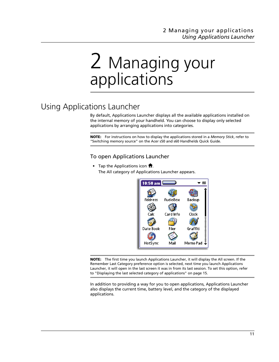 2 managing your applications, Using applications launcher, Managing your applications | Acer s60 User Manual | Page 23 / 296