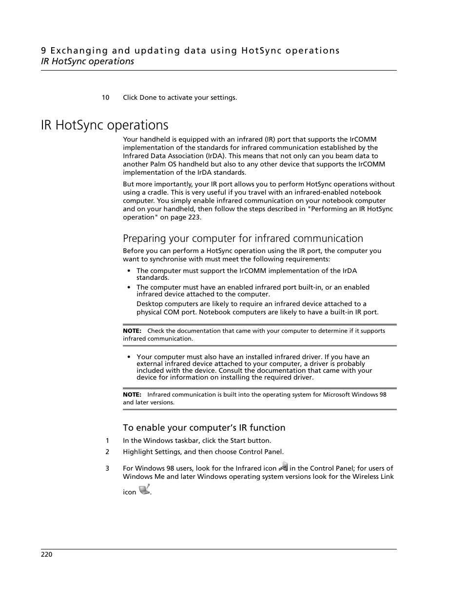 Ir hotsync operations, Preparing your computer for infrared communication | Acer s60 User Manual | Page 232 / 296