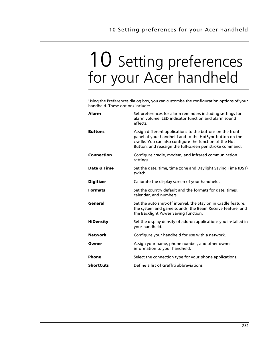 10 setting preferences for your acer handheld, Setting preferences for your acer handheld | Acer s60 User Manual | Page 243 / 296