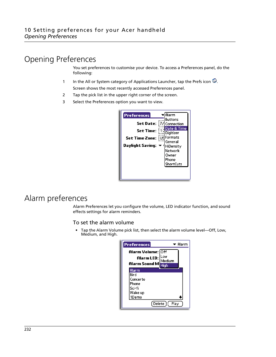 Opening preferences, Alarm preferences, Opening preferences alarm preferences | Acer s60 User Manual | Page 244 / 296