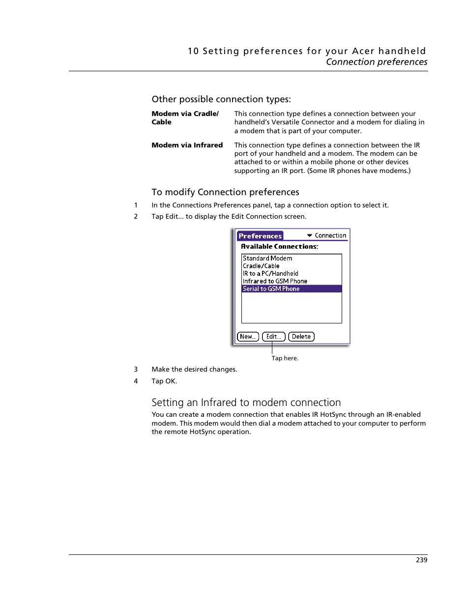 Setting an infrared to modem connection | Acer s60 User Manual | Page 251 / 296