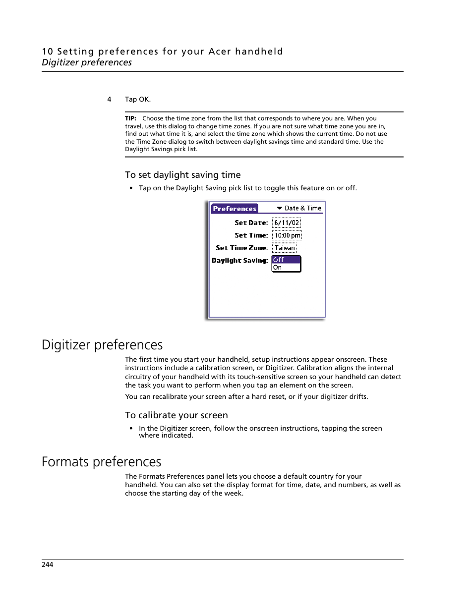 Digitizer preferences, Formats preferences, Digitizer preferences formats preferences | Acer s60 User Manual | Page 256 / 296