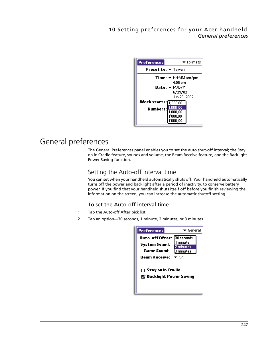 General preferences, Setting the auto-off interval time | Acer s60 User Manual | Page 259 / 296