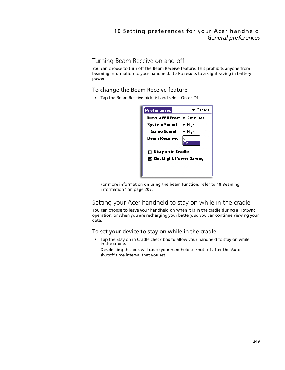 Turning beam receive on and off | Acer s60 User Manual | Page 261 / 296