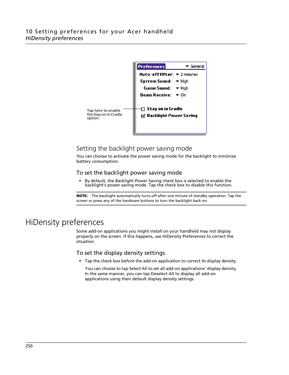 Setting the backlight power saving mode, Hidensity preferences | Acer s60 User Manual | Page 262 / 296