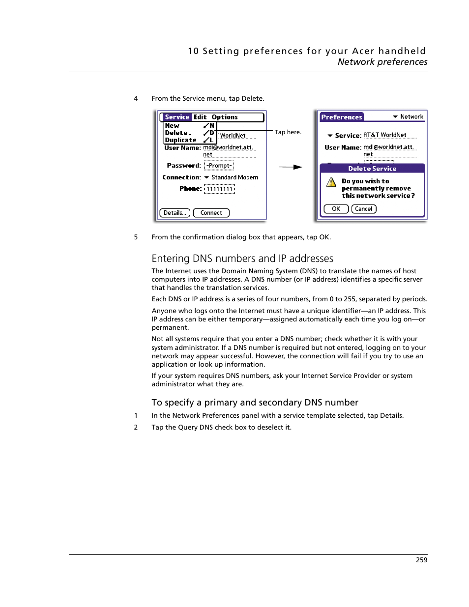 Entering dns numbers and ip addresses | Acer s60 User Manual | Page 271 / 296