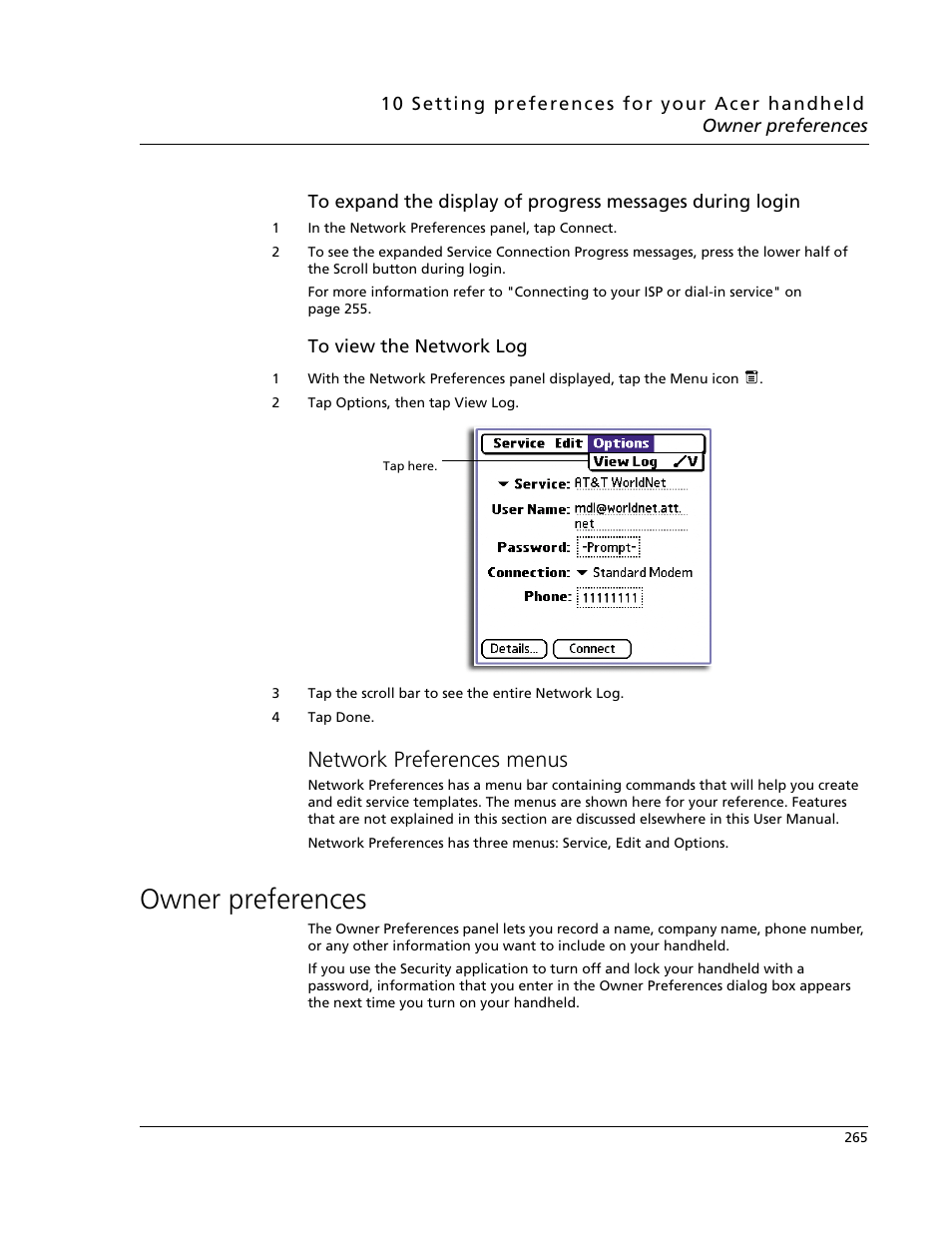 Network preferences menus, Owner preferences | Acer s60 User Manual | Page 277 / 296