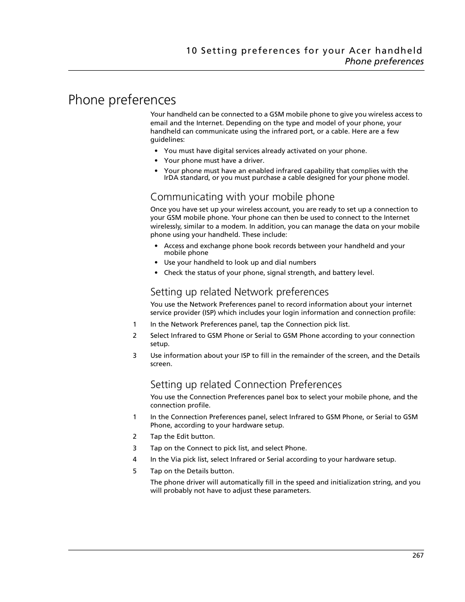 Phone preferences, Communicating with your mobile phone, Setting up related network preferences | Setting up related connection preferences | Acer s60 User Manual | Page 279 / 296