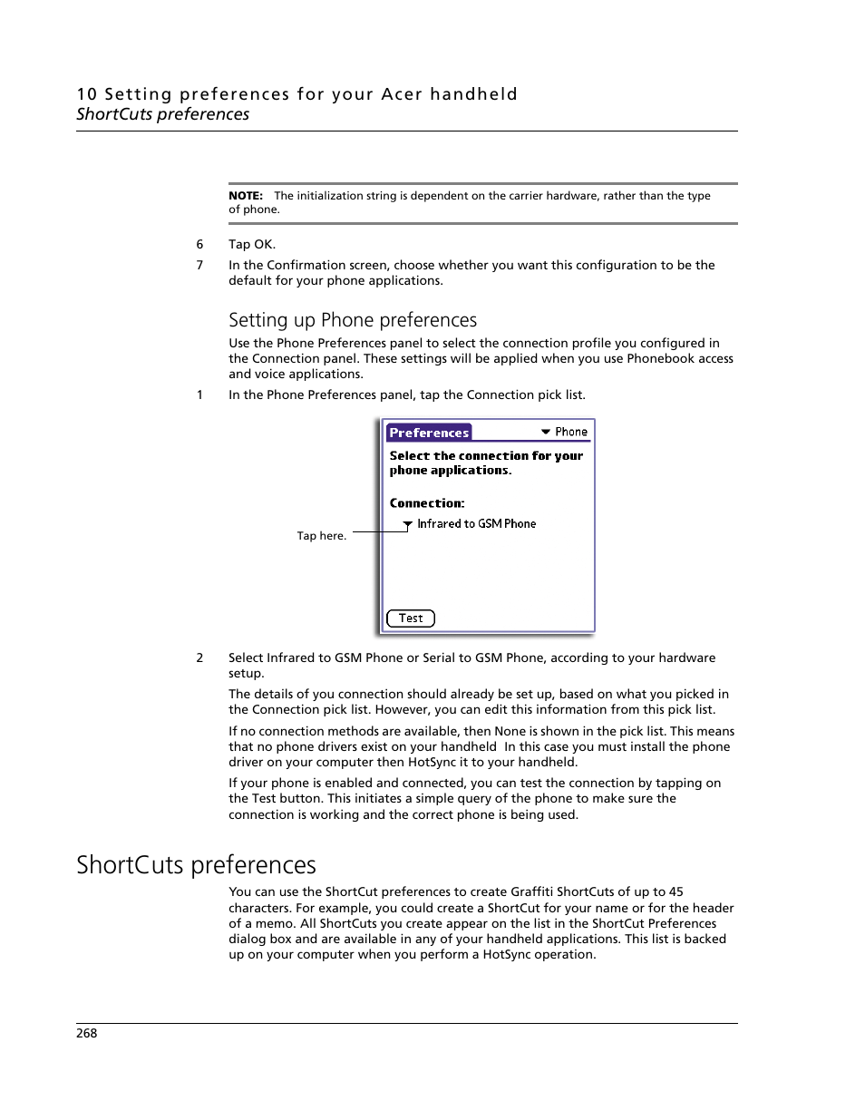 Setting up phone preferences, Shortcuts preferences | Acer s60 User Manual | Page 280 / 296