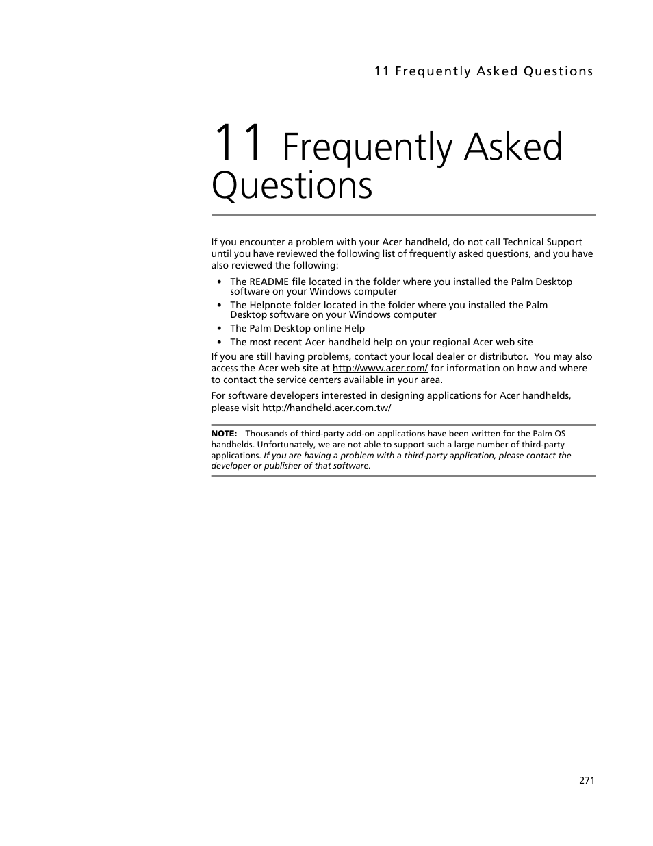 11 frequently asked questions, Frequently asked questions | Acer s60 User Manual | Page 283 / 296