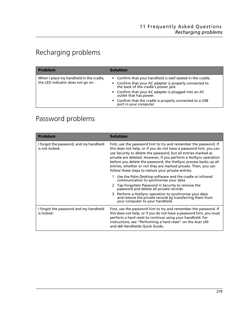 Recharging problems, Password problems, Recharging problems password problems | Acer s60 User Manual | Page 291 / 296