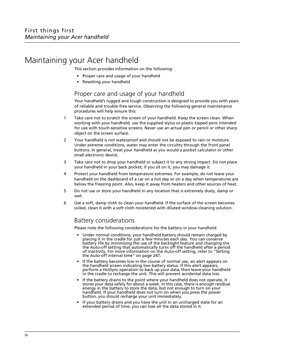 Maintaining your acer handheld, Proper care and usage of your handheld, Battery considerations | Acer s60 User Manual | Page 4 / 296