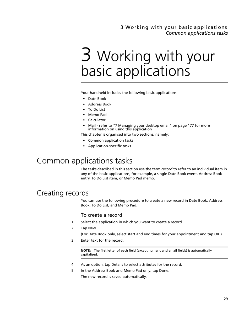 3 working with your basic applications, Common applications tasks, Creating records | Common applications tasks creating records, Working with your basic applications | Acer s60 User Manual | Page 41 / 296